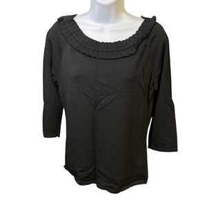 Jones New York Signature Ruffle Neck 3/4 Sleeve‎ Top Blouse Black M